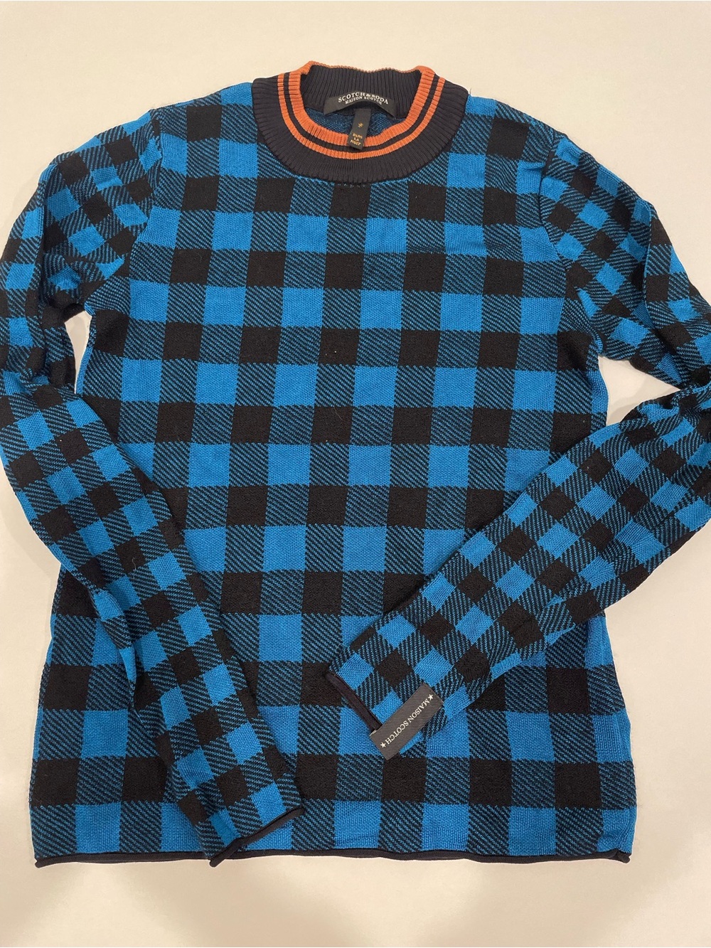 Scotch & Soda Blue and Black Check Crewneck Sweater with Orange Trim